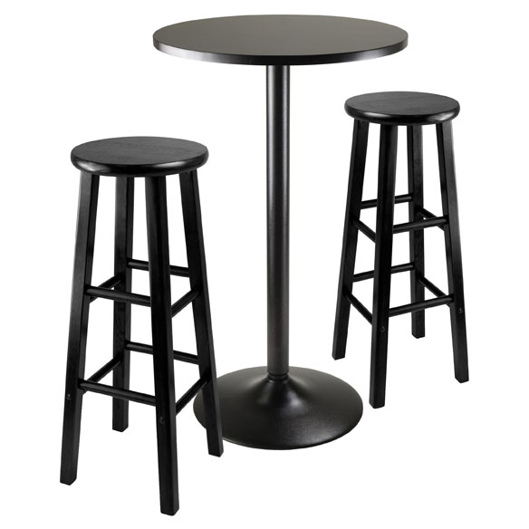 Obsidian 3-Pc Round Bar Height Table with 2 Square Leg Bar Stools, Black