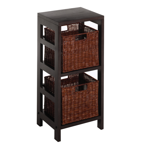Leo 3-Pc Storage Shelf with 2 Foldable Rattan Baskets, Espresso and Walnut