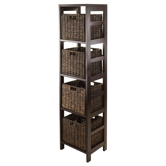 Granville 5-Pc Storage Shelf with 4 Foldable Corn Husk Baskets, Espresso and Chocolate