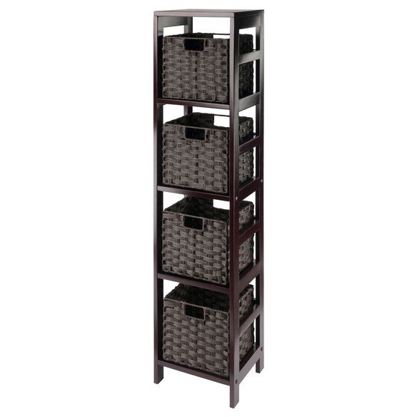 Leo 5-Pc 4-Tier Storage Shelf With 4 Small Foldable Woven Fiber Baskets, Espresso and Chocolate