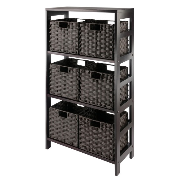 Leo 7-Pc 3-Tier Wide Shelf Storage with 6 Small Foldable Woven Fiber Baskets, Espresso and Chocolate