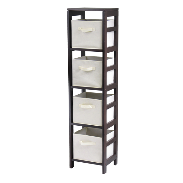 Capri 5-Pc 4-Tier Tall Storage Shelf with 4 Foldable Fabric Baskets, Espresso and Beige