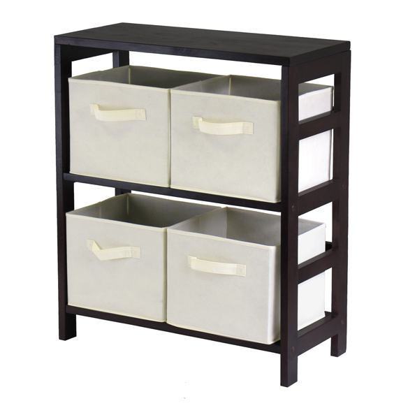 Capri 5-Pc 2-Tier Storage Shelf with 4 Foldable Fabric Baskets, Espresso and Beige