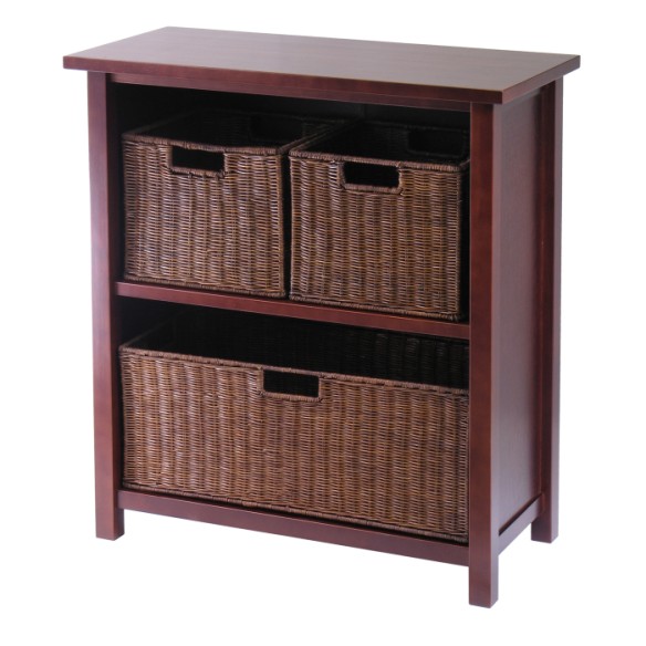 Milan 4-Pc 2-Tier Storage Shelf with 2 Small and 1 Wide Foldable Corn Husk Baskets, Walnut and Chocolate