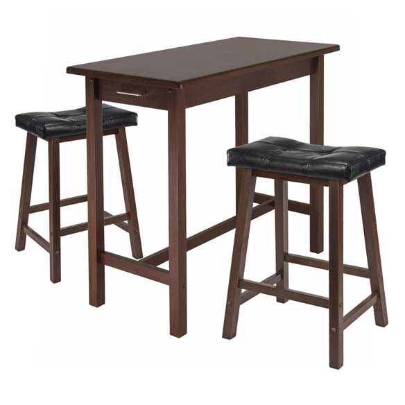 Sally 3-Pc Breakfast Table with 2 Cushion Saddle Seat Stools, Walnut and Black