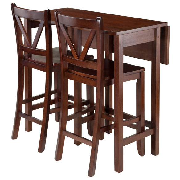 Lynnwood 3-Pc High Drop Leaf Dining Table with 2 Counter V-Back Stools, Walnut