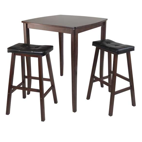 Inglewood 3-Pc High Dining Table with 2 Cushion Saddle Seat Bar Stool, Walnut and Black