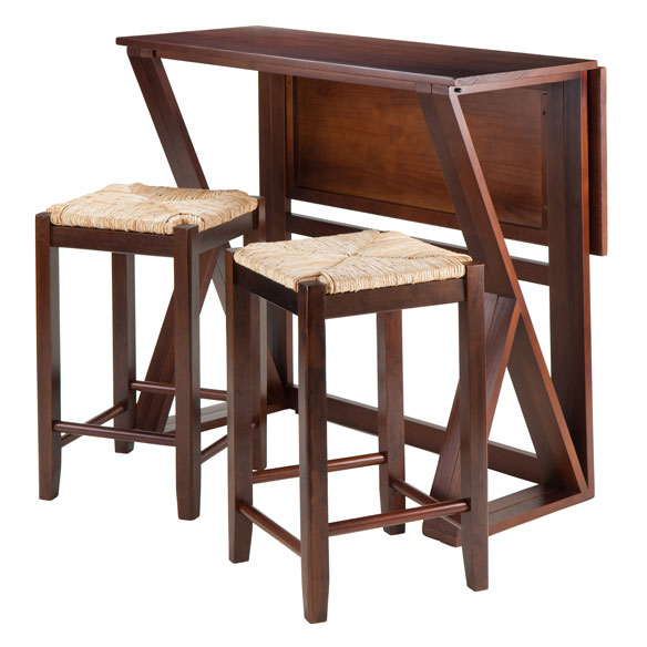 Harrington 3-Pc High Drop Leaf Dining Table with 2 Rush Seat Bar Stools, Walnut and Natural