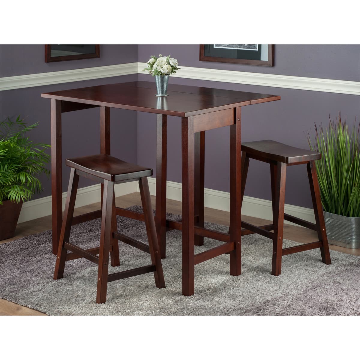 Lynnwood Extendable High Dining Table with 2 Saddle-Seat Stools, 35” High, 39” Wide, Walnut