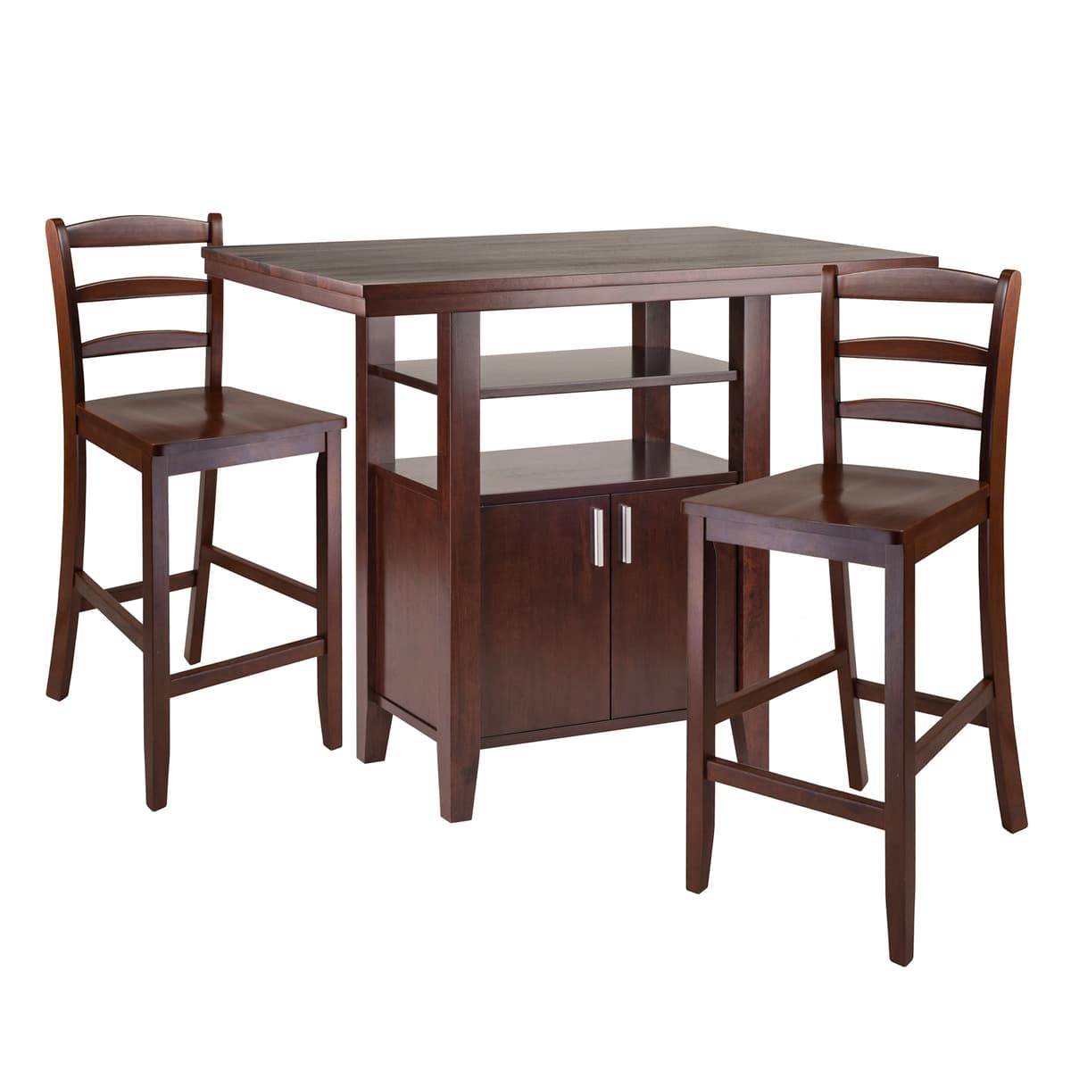 Albany High Dining Table with Built-In Storage and 2 Ladder Back Stools, 36" High, 42" Wide, Walnut