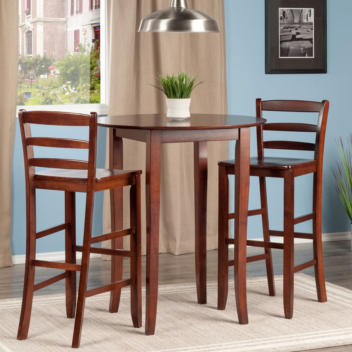 Winsome Fiona High Round Dining Table with 2 Ladder-Back Bar Stools, 39” High, 34” Wide, Walnut