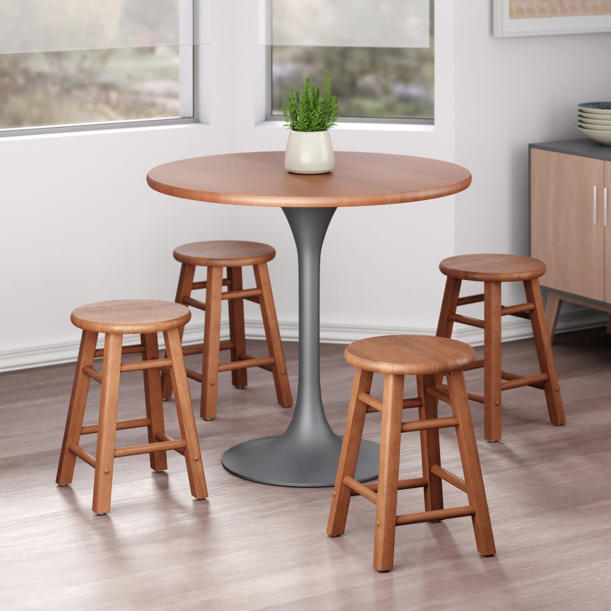 Element 2-Pc Square Legs Dining Stool Set, Teak Finish