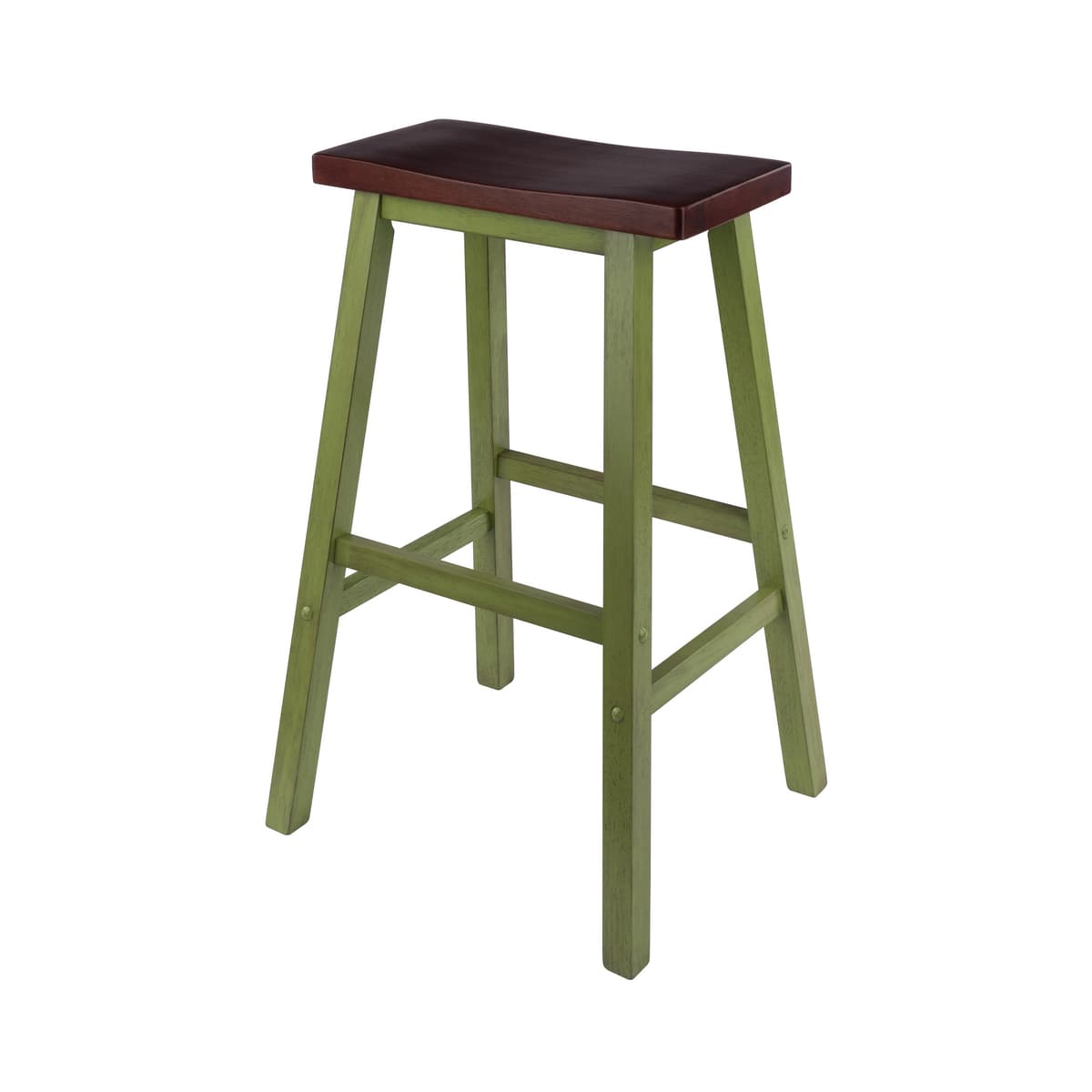 Satori Saddle Seat 29In Bar Stool, Rustic Green and Walnut Finish