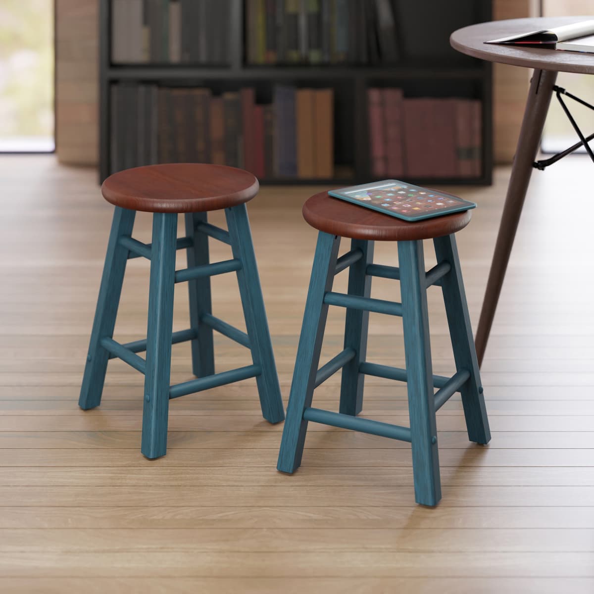 Element 2-Pc Square Legs Dining Stool Set, Walnut-Rustic Teal Finish