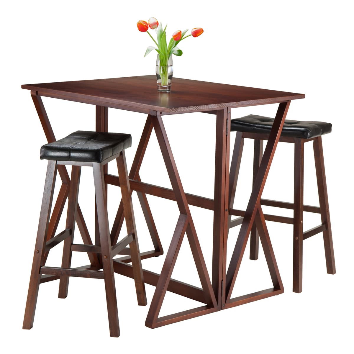 Winsome Harrington High Foldable Dining Table with 2 Cushion Saddle-Seat Bar Stools, 36” High, 39” Wide, Walnut and Black