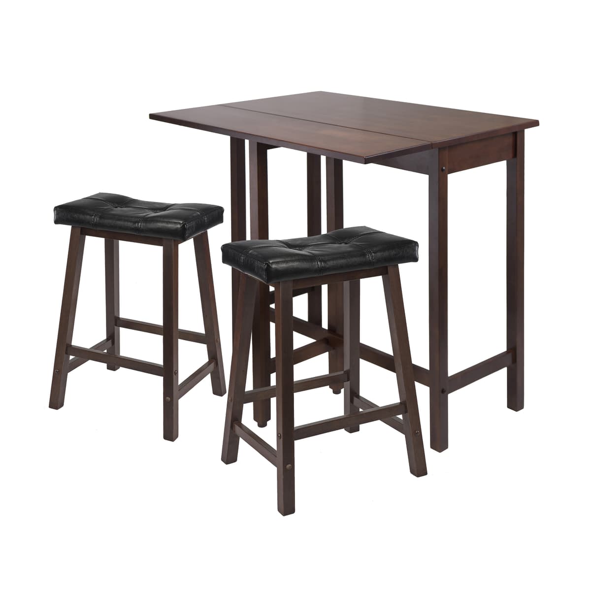 Lynnwood Extendable High Dining Table with 2 Cushion Saddle-Seat Stools, 35” High, 39” Wide, Walnut and Black