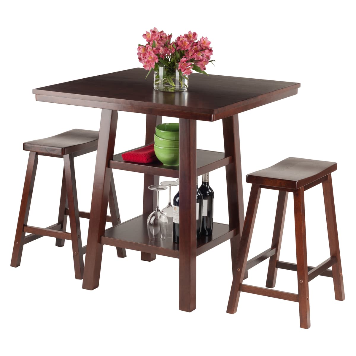 Orlando 3-Pc High Dining Table with 2 Saddle Seat Stools, Walnut