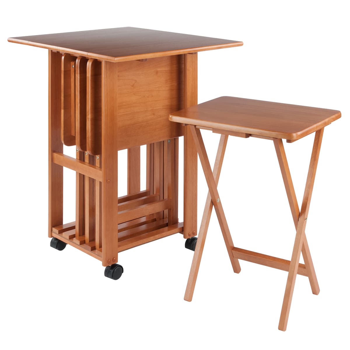 Sophia 5-Pc Snack Table Set with Drop Leaf Mobile Stand, Teak