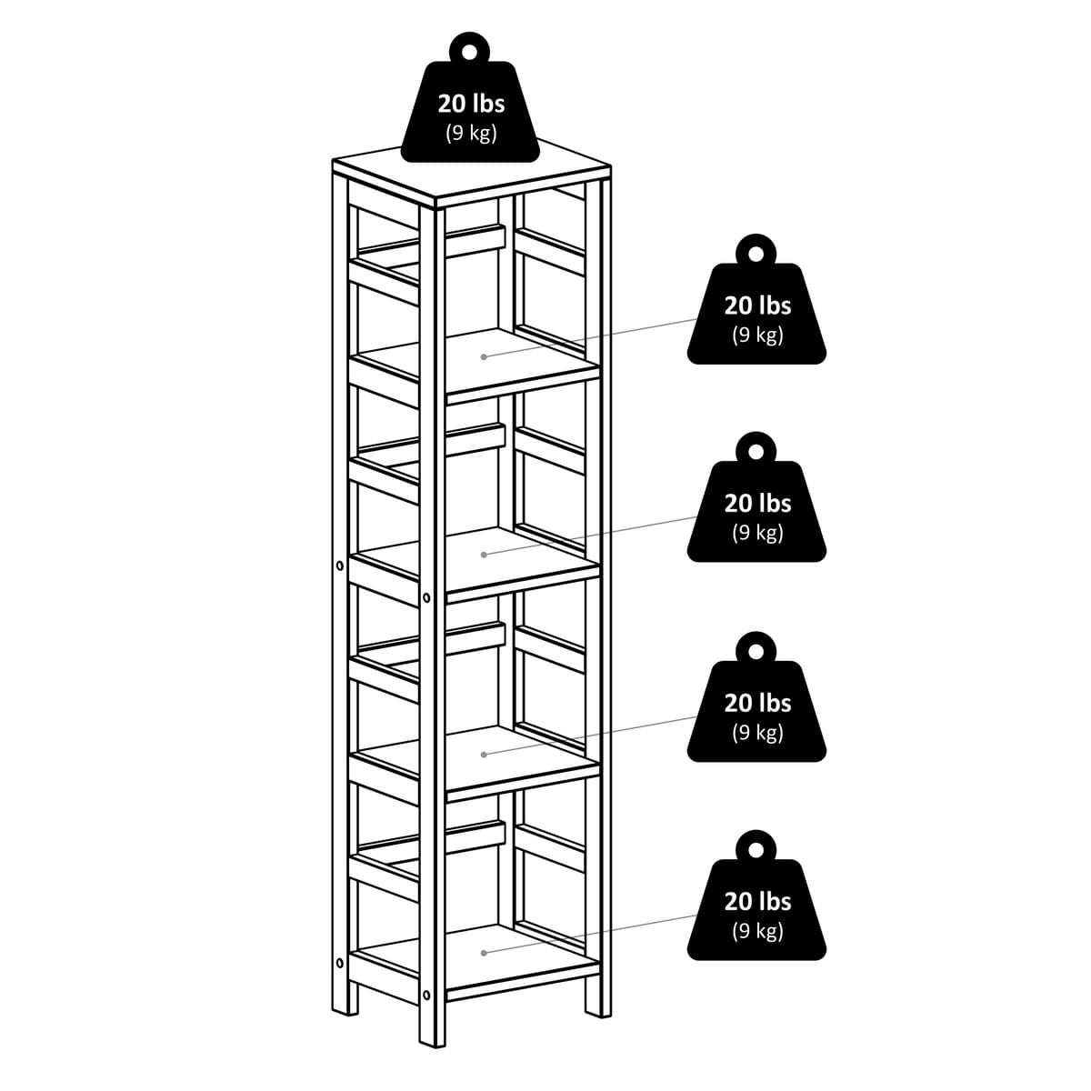 Winsome Capri 4-Section Tall Storage Shelf with 4 Foldable Fabric Baskets, 55” High, 13” Wide, Espresso and Black