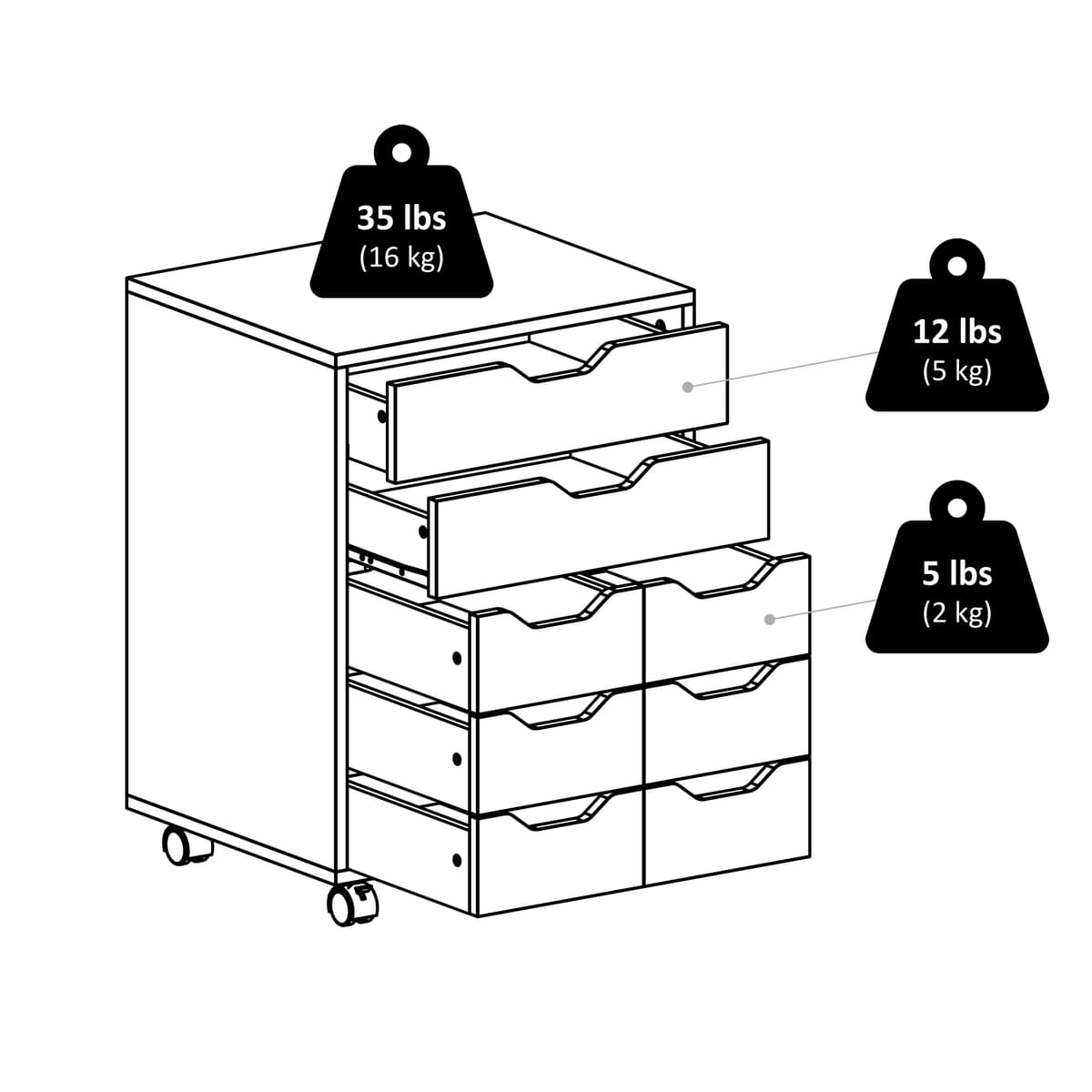 Norfolk Cabinet with 2 Drawers, 6 Bins, Black Finish