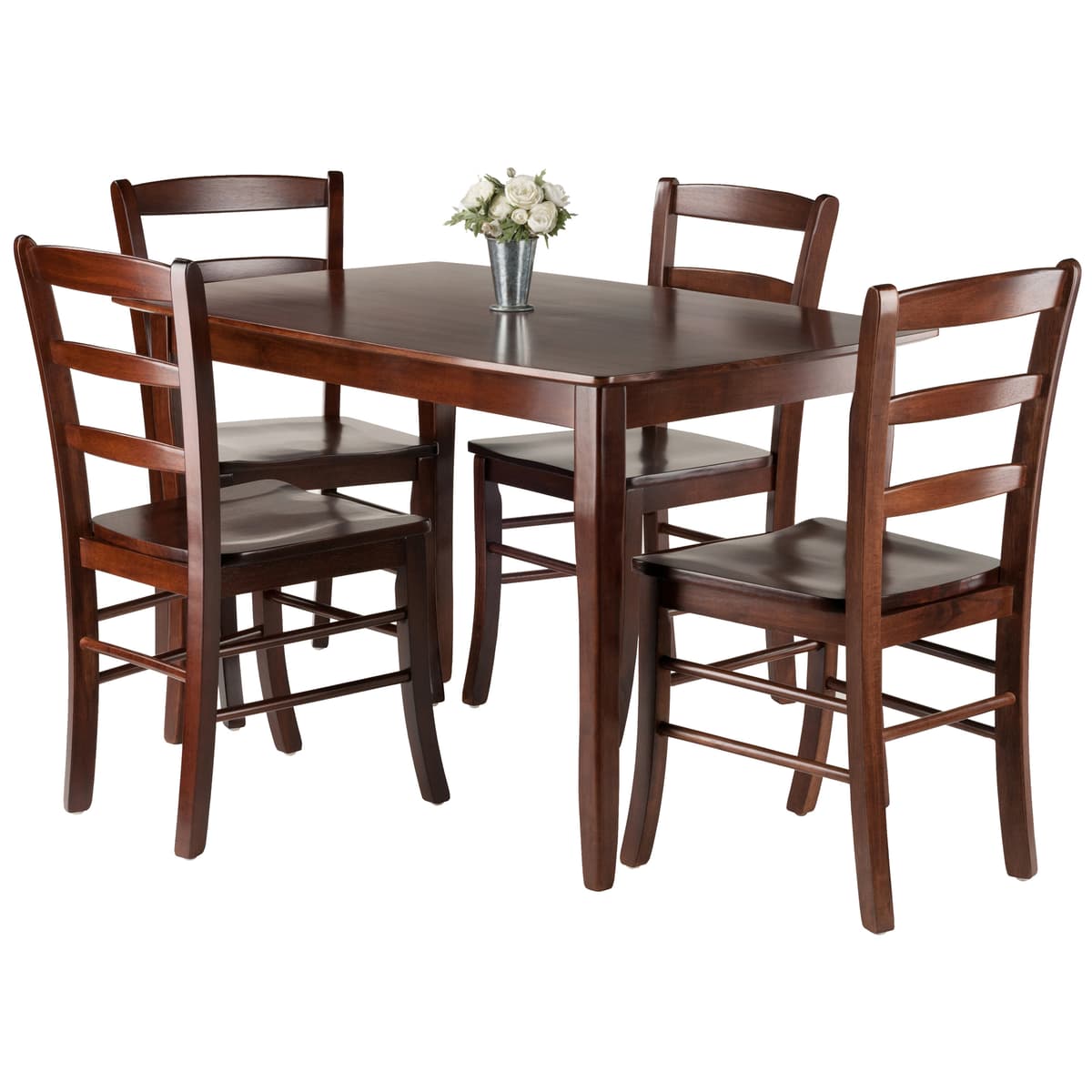 Winsome Inglewood Dining Table with 4 Ladder-Back Chairs, 47” Wide, Walnut