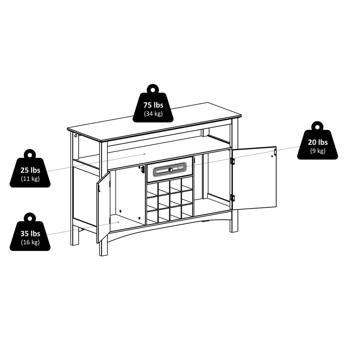 Winsome Jasper Buffet Wine Cabinet, 46” Wide, 32” High, Black