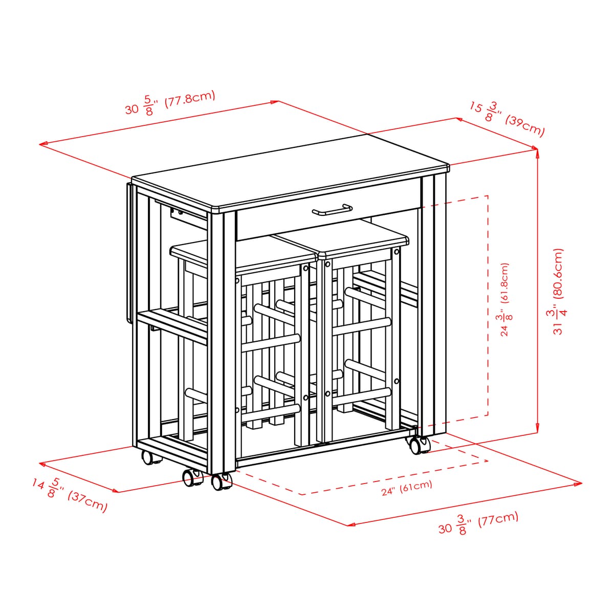 Winsome Fremont Space-Saver Extendable Table with 2 Tuck-Away Stools, 31” Wide, 32” High, Walnut