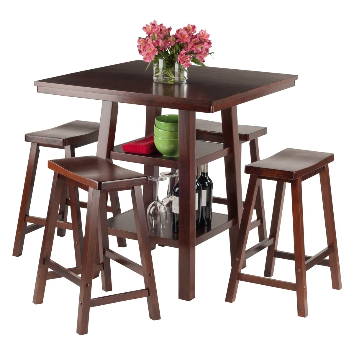Orlando 5-Pc High Dining Table with 4 Saddle Seat Counter Stools, Walnut