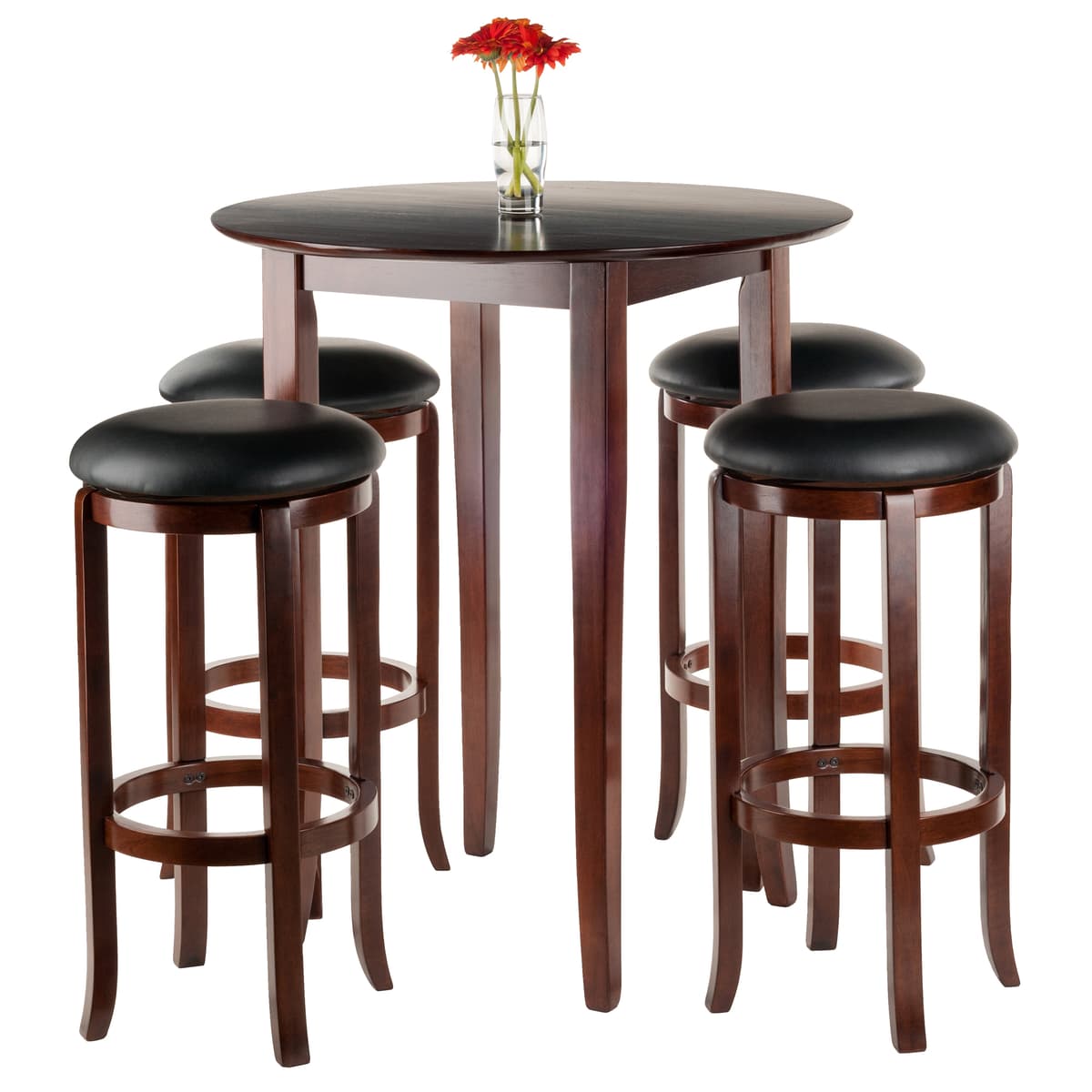 Winsome Fiona High Round Dining Table with 4 Swivel Cushion Bar Stools, 39” High, 34” Wide, Walnut and Black