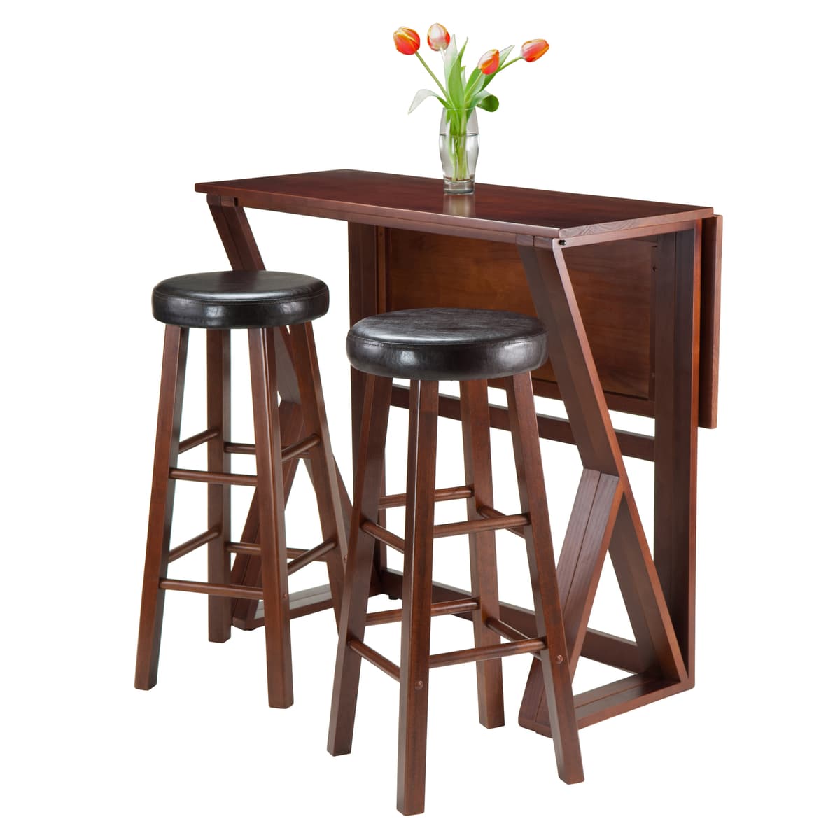 Winsome Harrington High Foldable Dining Table with 2 Cushion Bar Stools, 36” High, 39” Wide, Espresso and Walnut