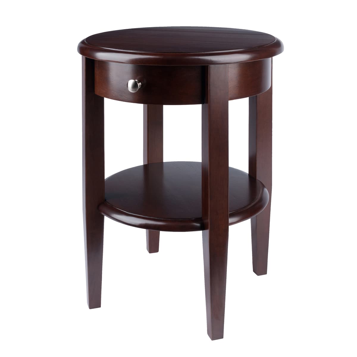 Concord Round End Table with Drawer and Shelf, for Living Room, Bedroom, Walnut