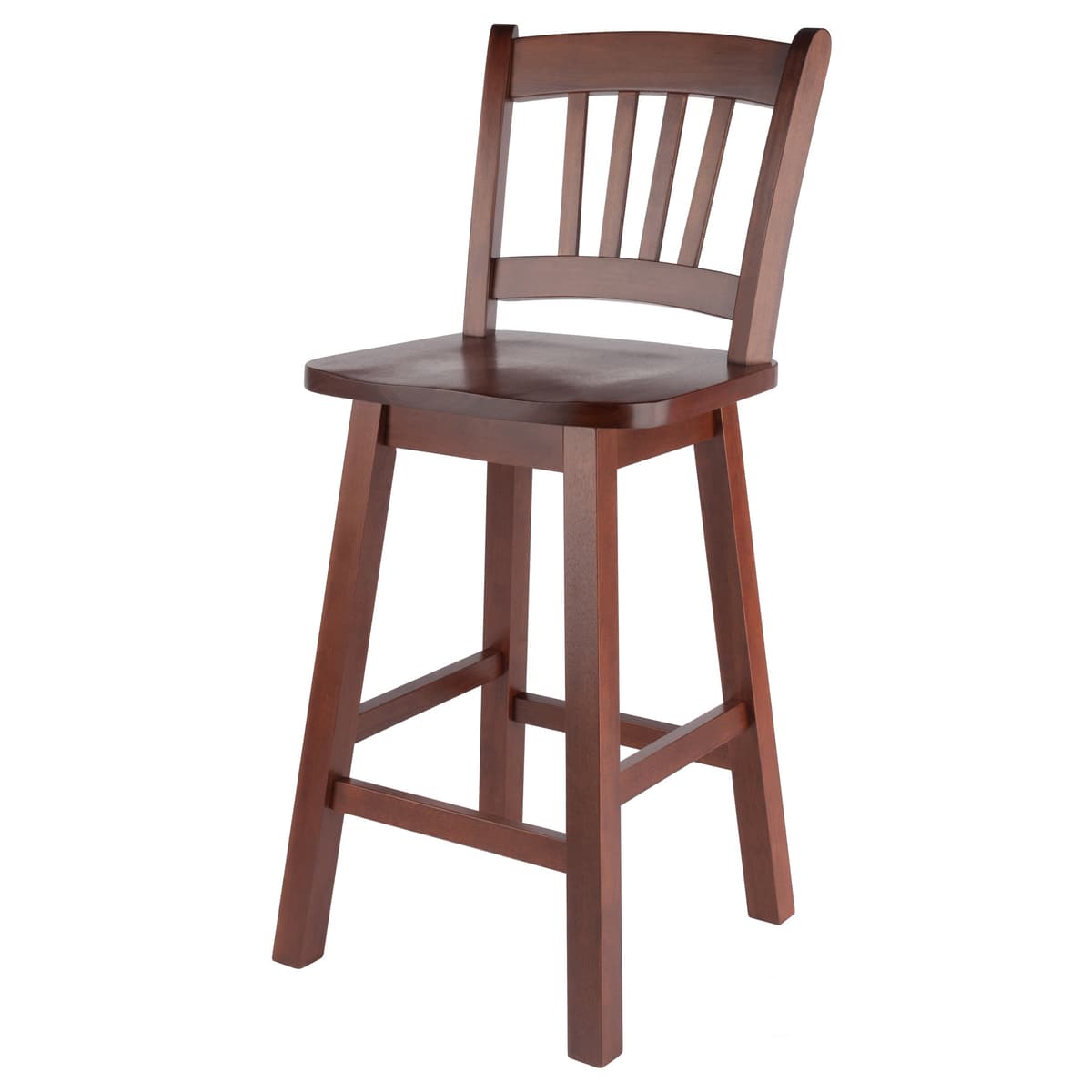 Winsome Fina 360-Swivel Counter Stool with Slat Back and Footrests, 38” High, Walnut