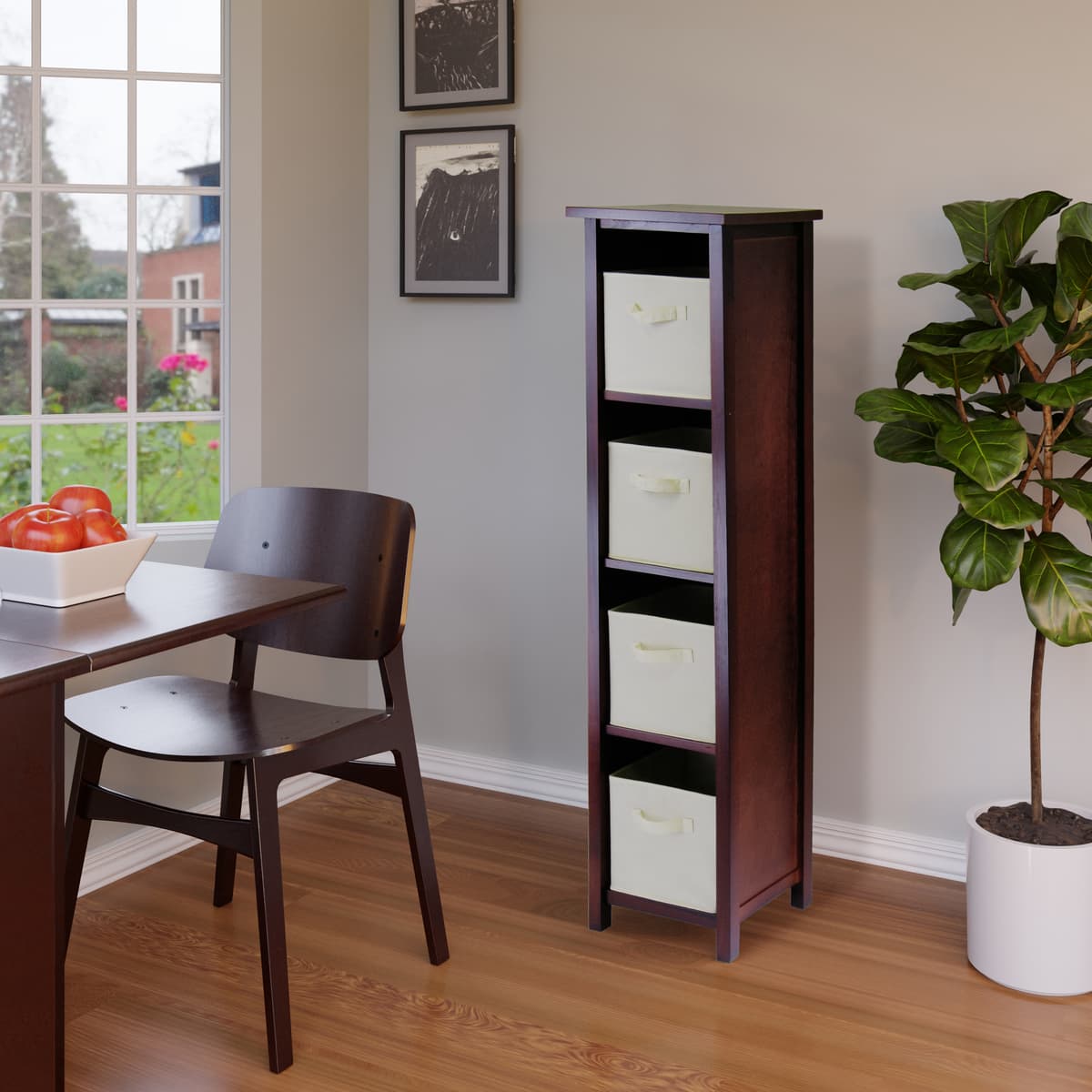 Verona 5-Pc 4-Tier Storage Shelf with 4 Foldable Fabric Baskets, Walnut and Beige
