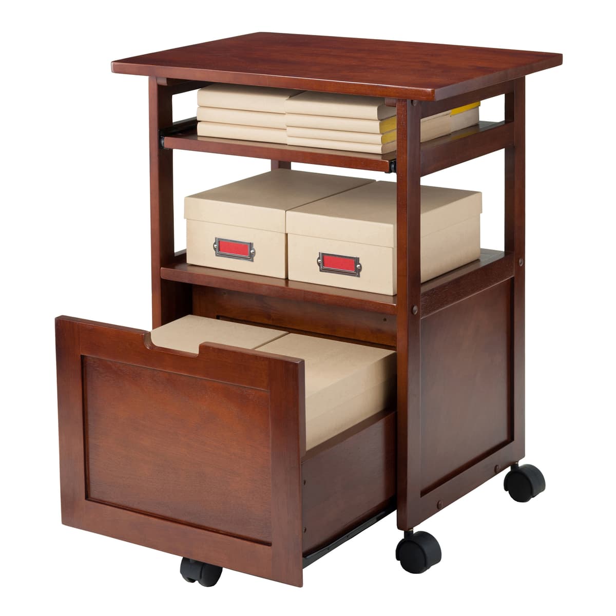Piper Mobile Work Station with Storage, 30" High, 24" Wide, Walnut