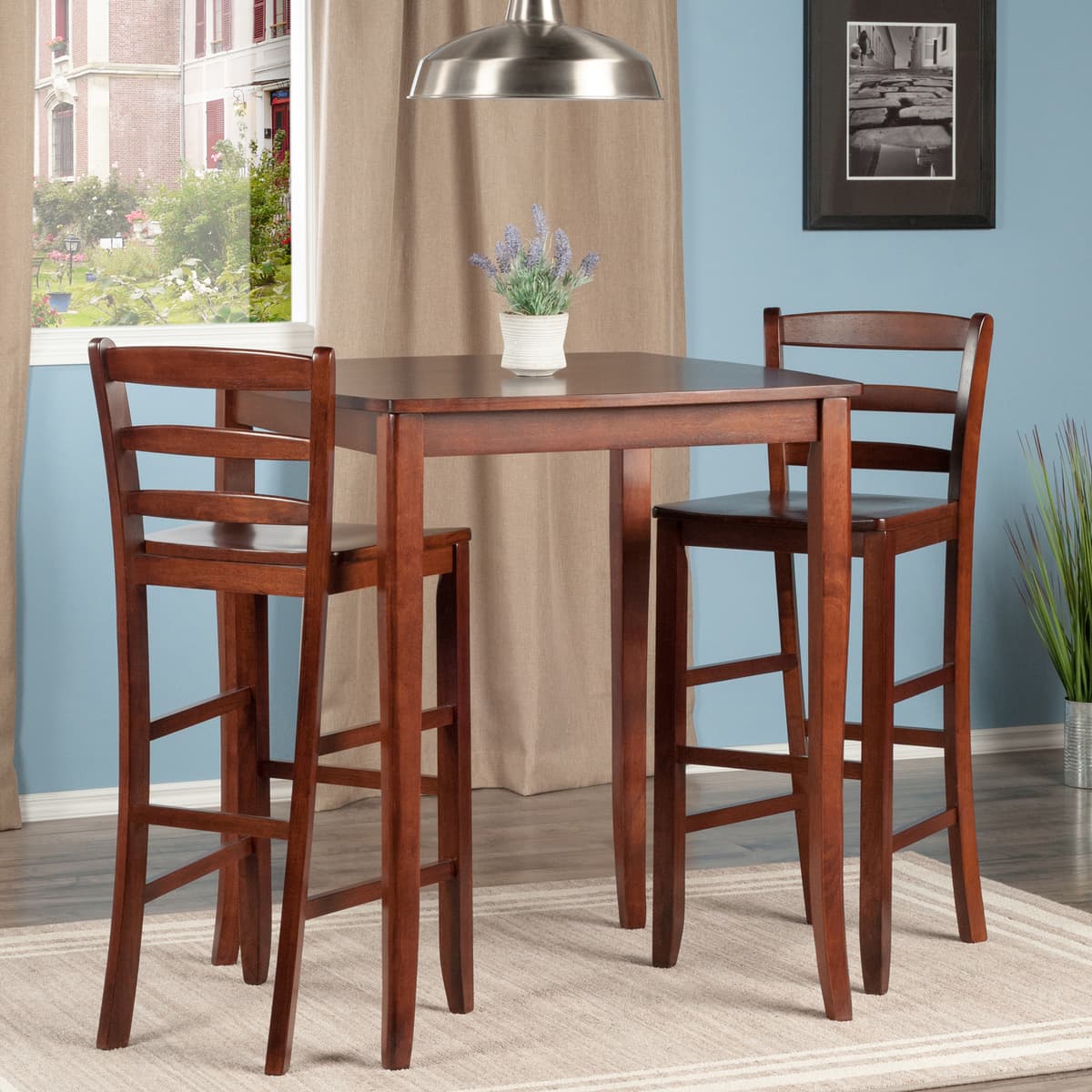 Winsome Inglewood High Dining Table with 2 Ladder-Back Bar Stools, 39” High, 34” Wide, Walnut