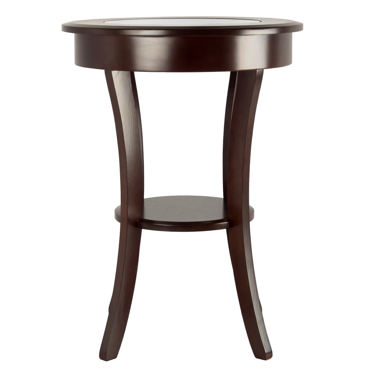 Winsome Cassie Round Accent Table with Tempered Glass Countertop, 27” High, 20” Wide, Cappuccino