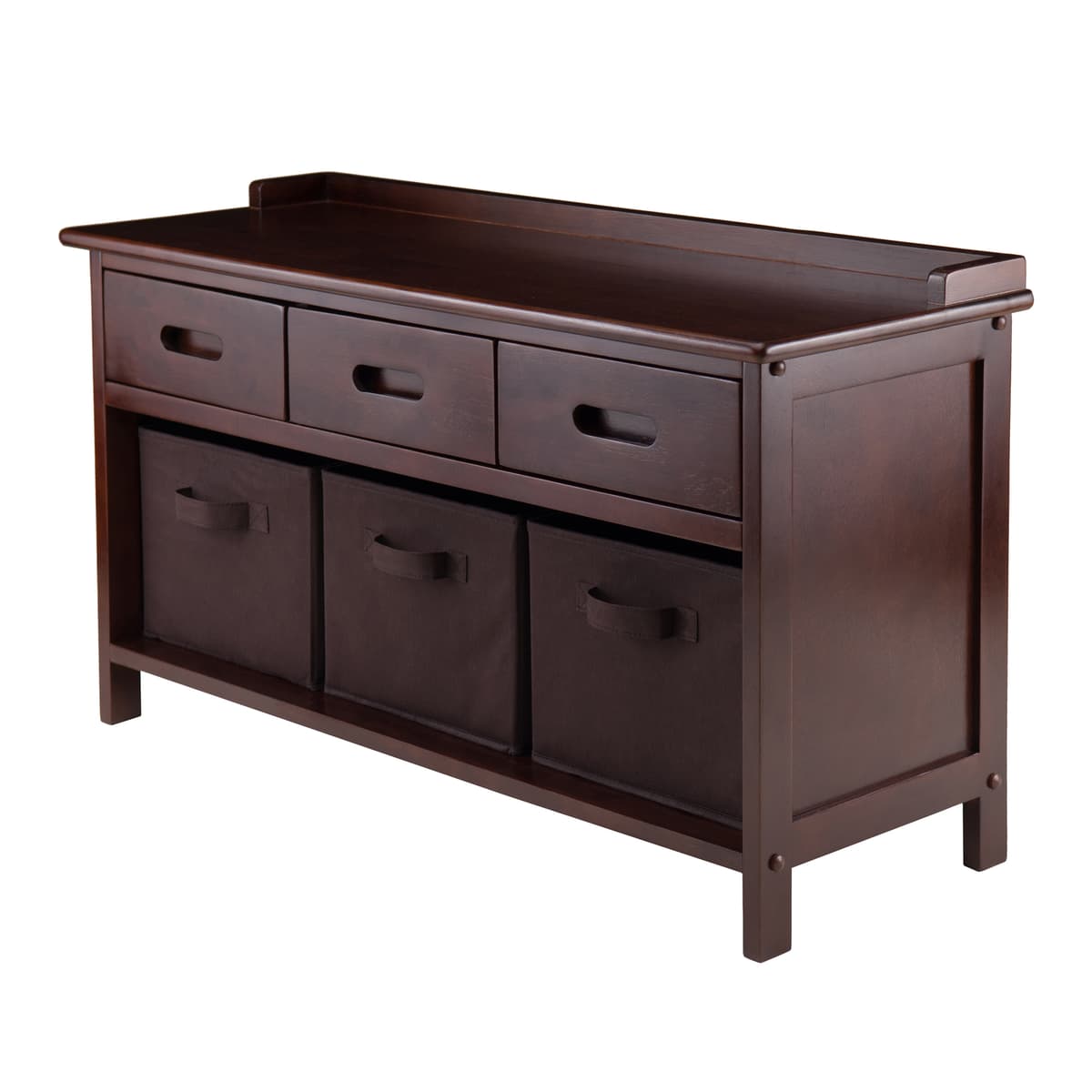 Adriana Storage Bench with 3 Drawers, 3 Fabric Baskets, 38" Wide, 22" High, Walnut and Chocolate