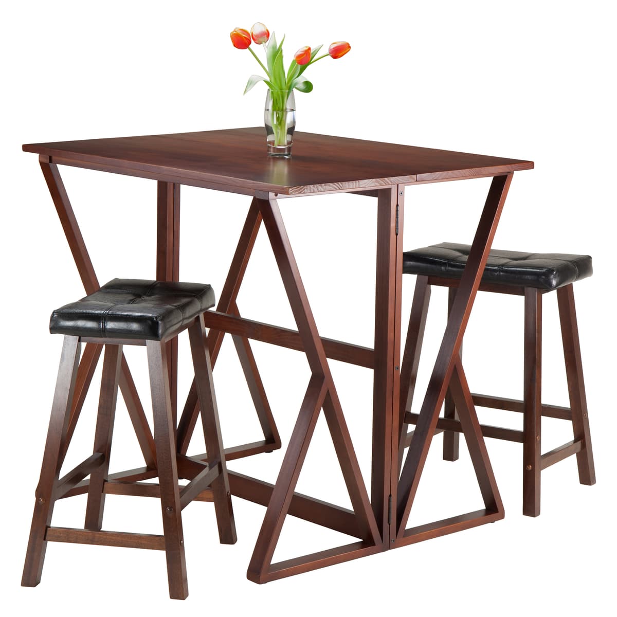 Winsome Harrington High Foldable Dining Table with 2 Cushion Saddle-Seat Counter Stools, 36” High, 39” Wide, Walnut and Black