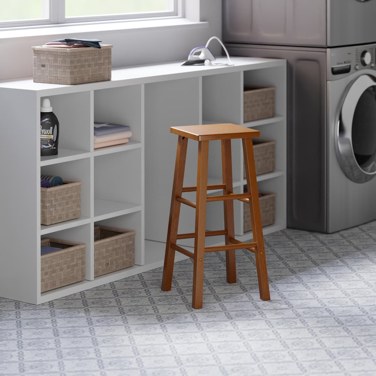 Winsome Carrick Square Bar Stool with Footrests, 29” High, 14” Wide, Teak