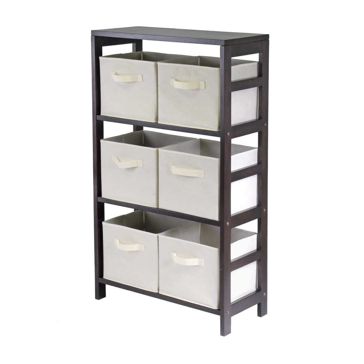 Winsome Capri 3-Section Storage Shelf with 6 Foldable Fabric Baskets, 42” High, 25” Wide, Espresso and Beige
