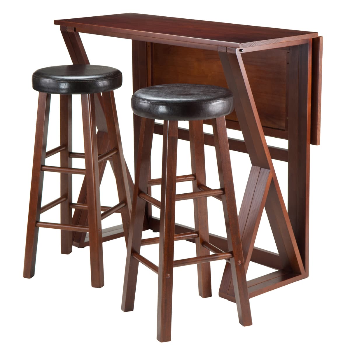 Harrington High Foldable Dining Table with 2 Cushion Bar Stools, 36" High, 39" Wide, Espresso and Walnut