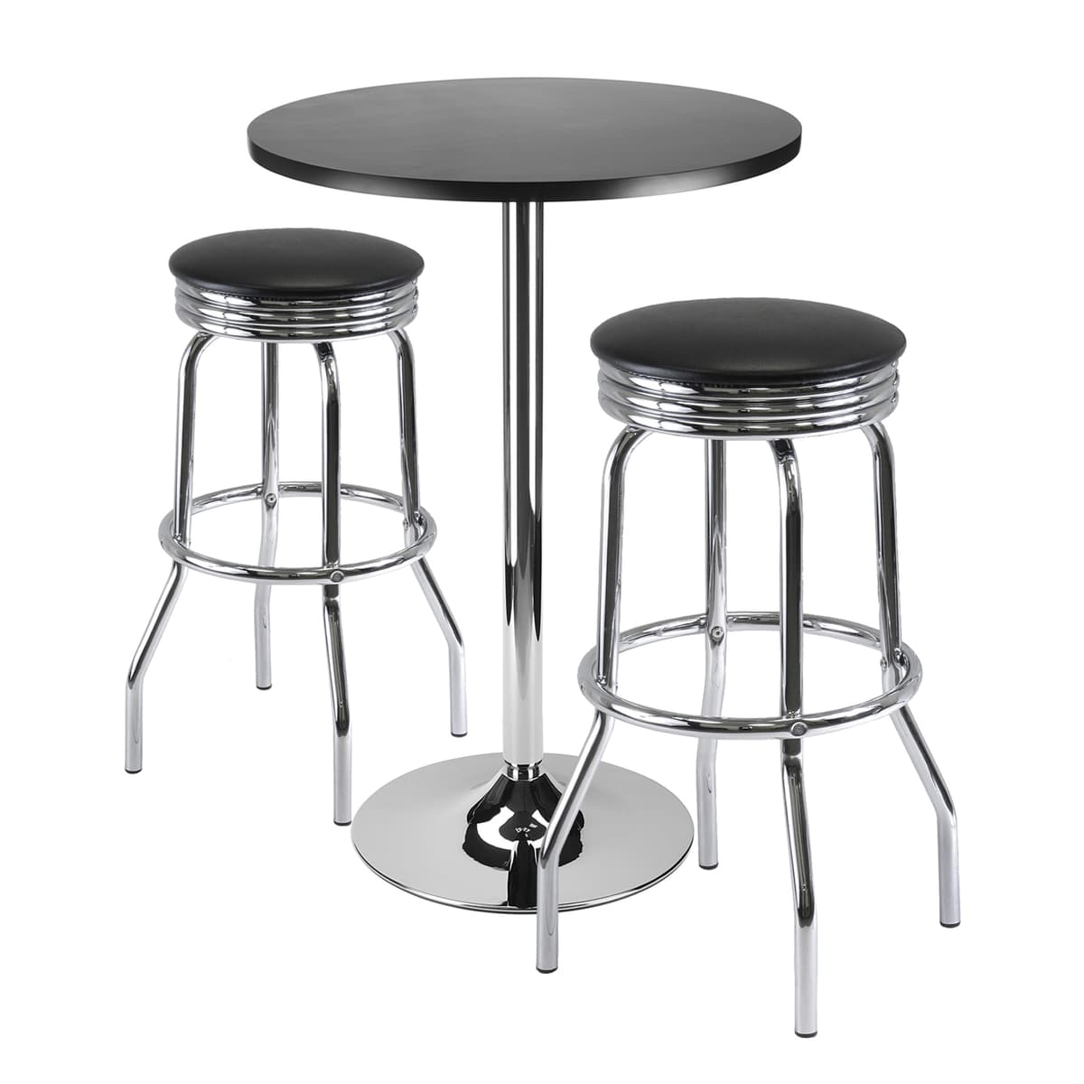 Summit 3-Pc Bar Height Table with 2 Swivel Seat Stools, Black and Chrome