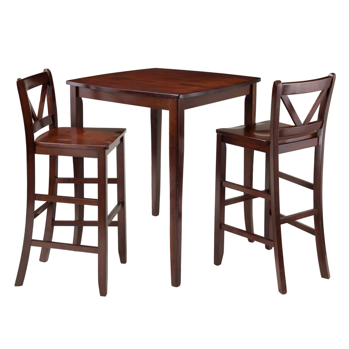 Inglewood High Dining Table with 2 V-Back Bar Stools, 39" High, 34" Wide, Walnut