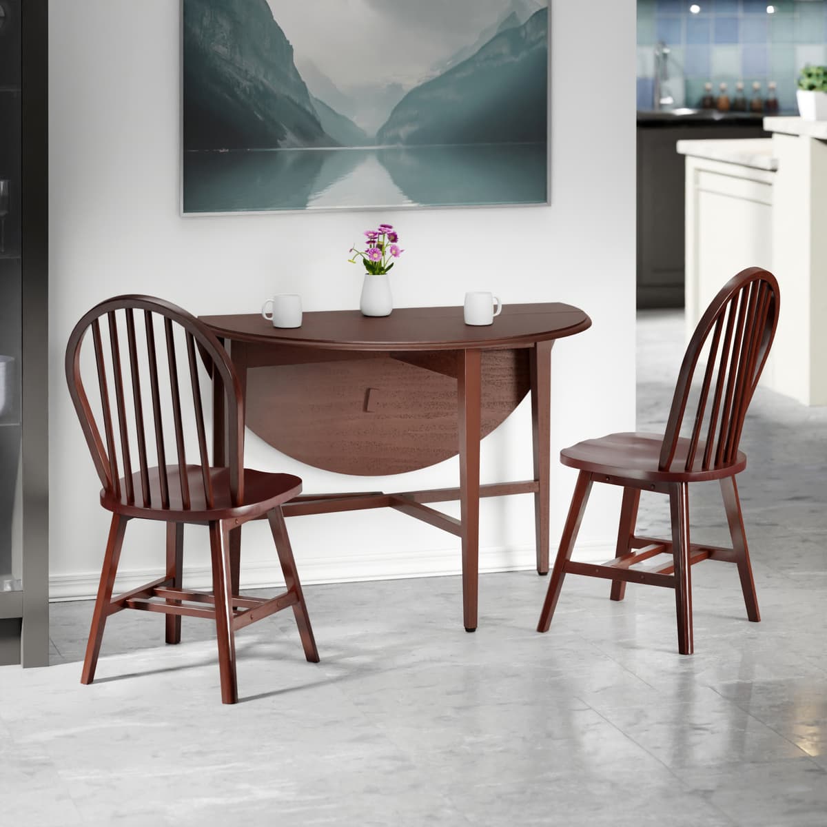 Hannah 3-Pc Double Drop Leaf Table Set with 2 Windsor Chairs Walnut Finish