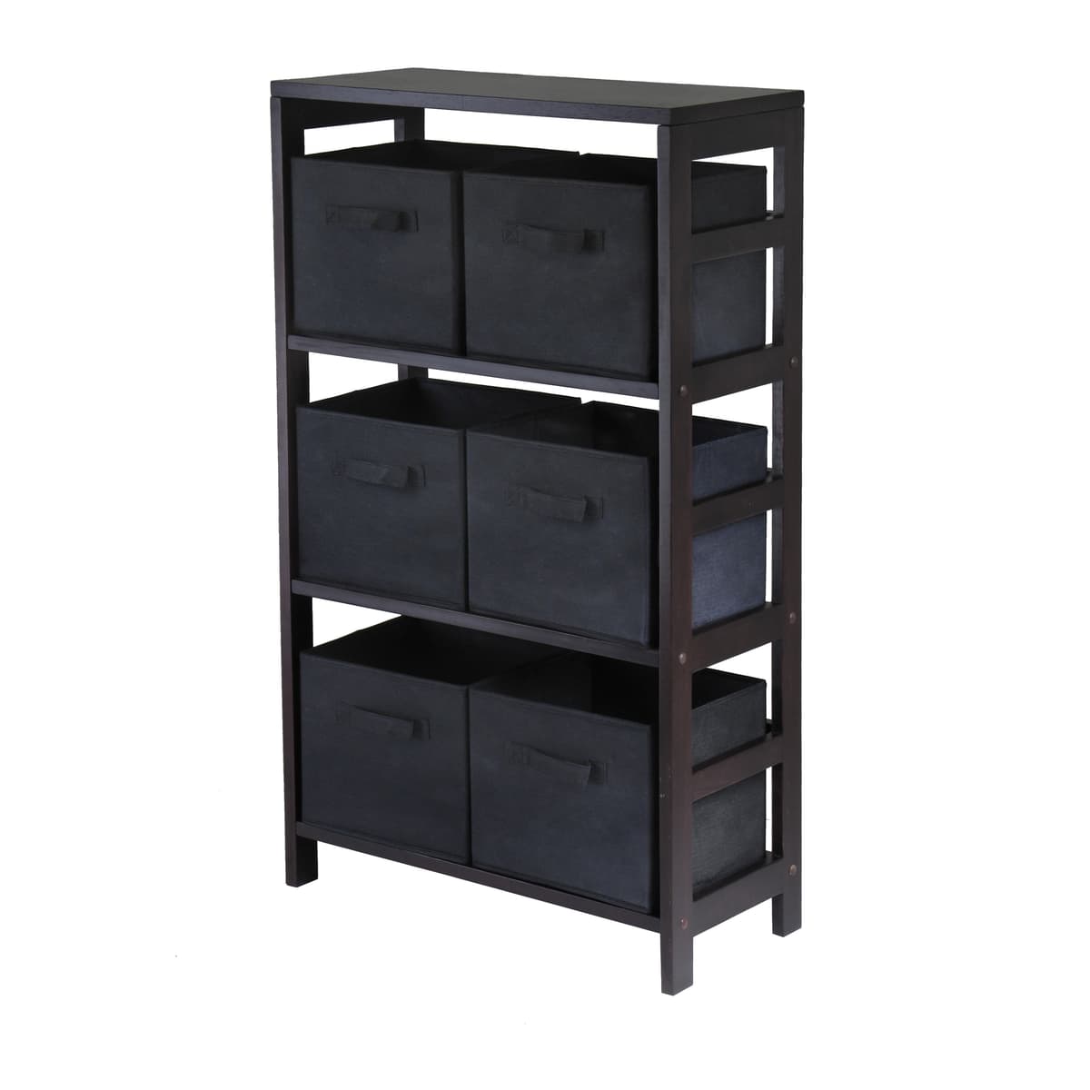 Winsome Capri 3-Section Storage Shelf with 6 Foldable Fabric Baskets, 42” High, 25” Wide, Espresso and Black