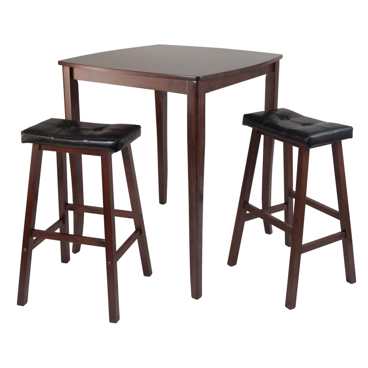 Inglewood High Dining Table with 2 Cushion Saddle-Seat Bar Stools, 39" High, 34" Wide, Walnut and Black