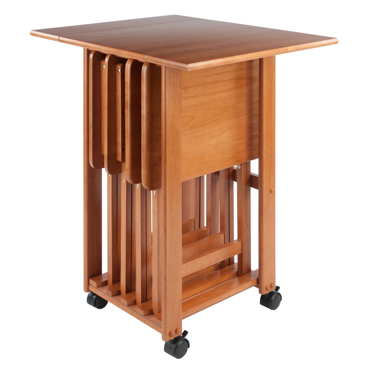 Sophia 5-Pc Snack Table Set with Drop Leaf Mobile Stand, Teak