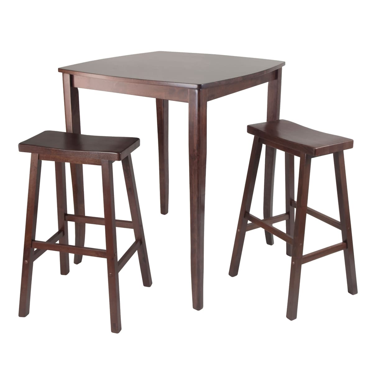 Inglewood High Dining Table with 2 Saddle-Seat Bar Stools, 39" High, 34" Wide, Walnut