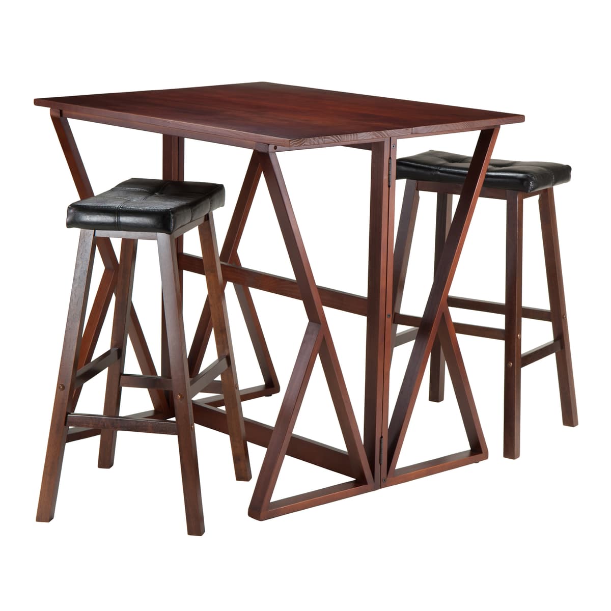 Harrington High Foldable Dining Table with 2 Cushion Saddle-Seat Bar Stools, 36" High, 39" Wide, Walnut and Black