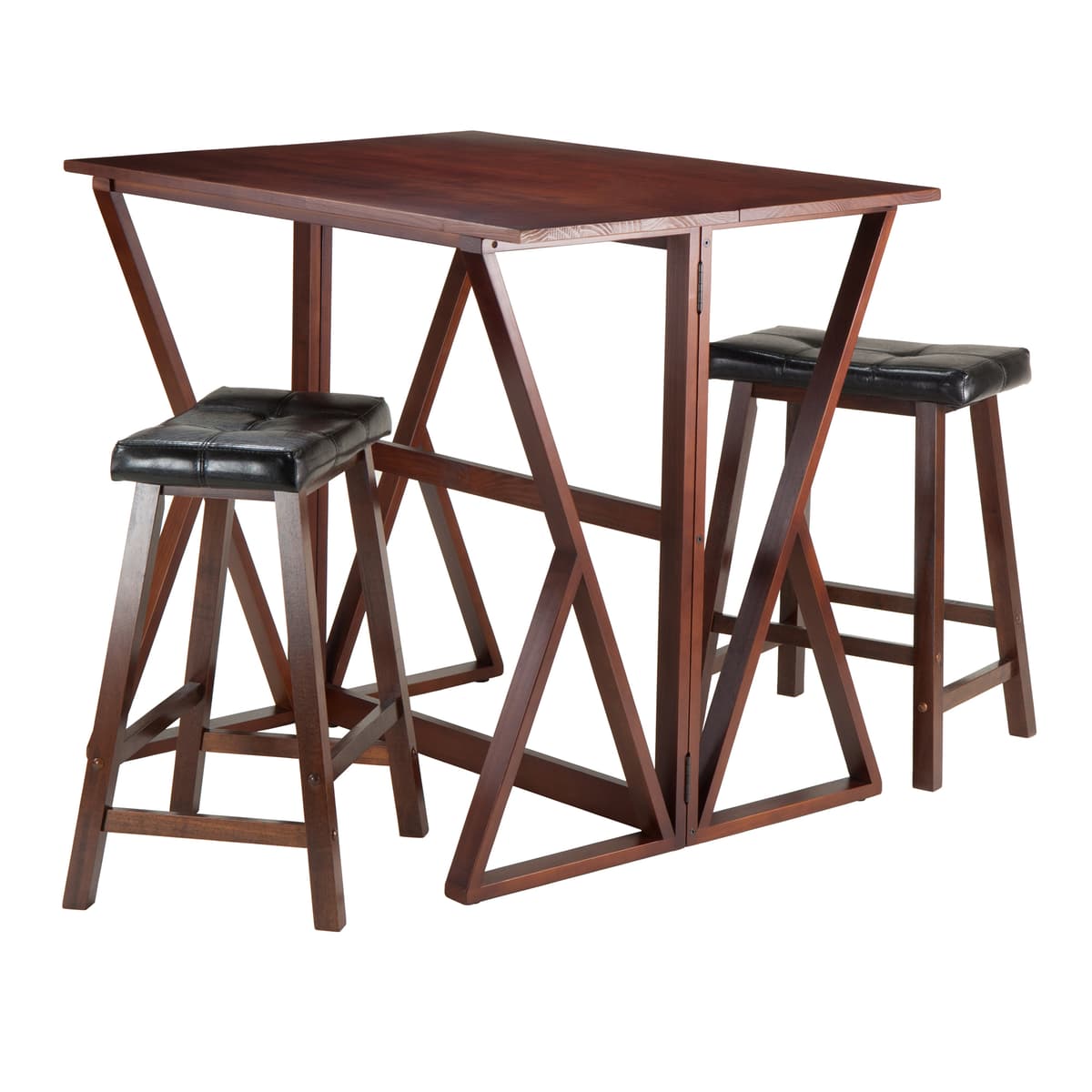 Harrington High Foldable Dining Table with 2 Cushion Saddle-Seat Counter Stools, 36" High, 39" Wide, Walnut and Black